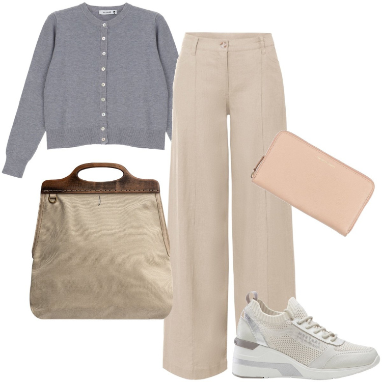 Outfit donna - Commissioni varie. Stile Casual chic per Tutti i giorni. Abbinamento con pantaloni a palazzo, sneakers, portafogli, cardigans, borse a tracolla.
