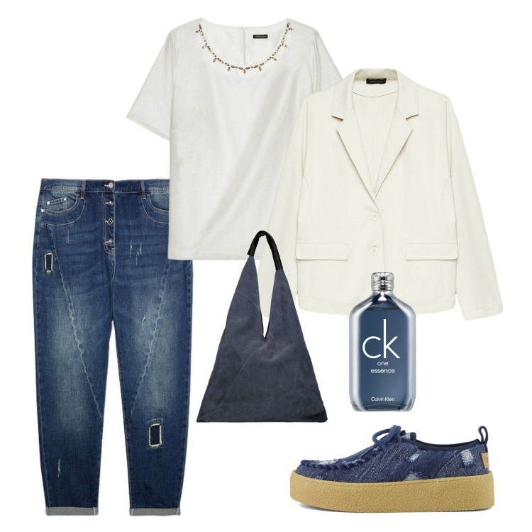 Outfit donna - Giornata impegnativa!. Stile Trendy per Scuola/Università. Abbinamento con profumi, mocassini, jeans strappati, blazer, bluse, borse a spalla.
