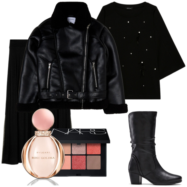 Outfit donna - Total look #1961285. Stile Rock per Serata fuori. Abbinamento con stivali, profumi, ombretti, blazer, felpe, gonne lunghe.
