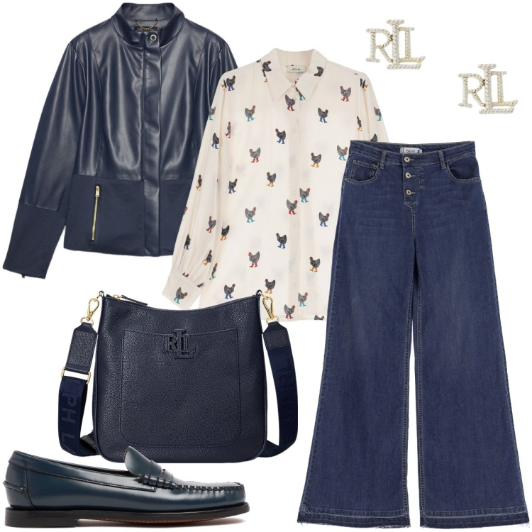 Outfit donna - Autunno in blu. Stile Casual chic per Ufficio. Abbinamento con jeans, camicie, orecchini, borse a tracolla, blazer, mocassini.