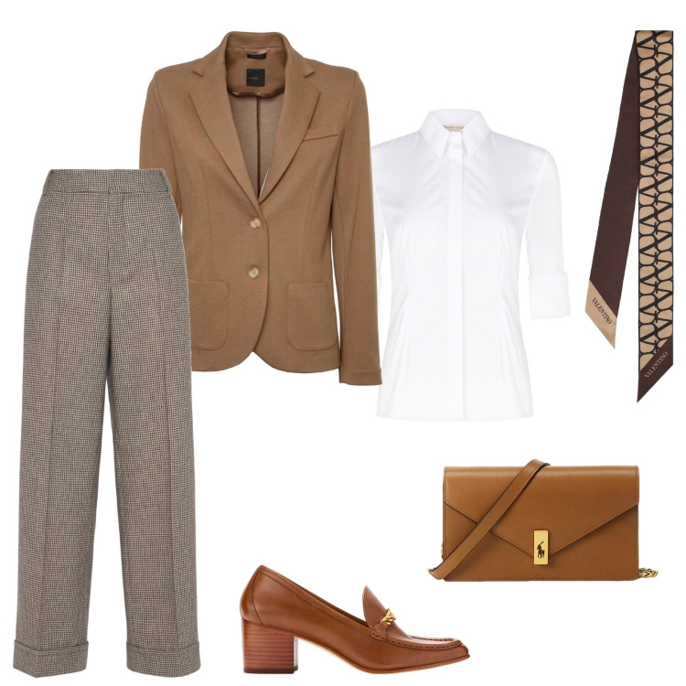 Outfit donna - Ufficio d\'autunno. Stile Chic per Ufficio. Abbinamento con camicie, clutch, décolleté, foulard, blazer, pantaloni.