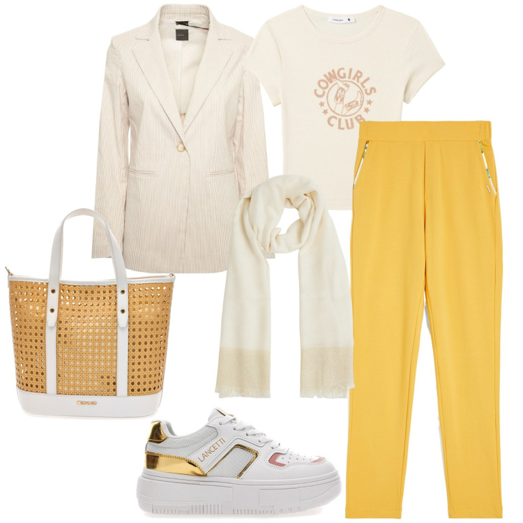 Outfit donna - Total look #1961364. Stile Casual chic per Tutti i giorni. Abbinamento con t-shirt, sciarpe, pantaloni, sneakers, blazer, borse a spalla.