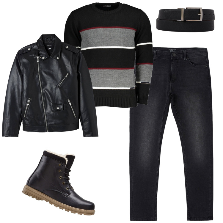 Outfit uomo - City. Stile Urban per Tutti i giorni. Abbinamento con stivali e stivaletti, jeans skinny, giacche, maglieria, cinture.