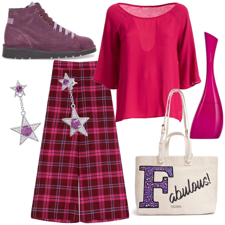 Outfit donna - Total look #1961372. Stile Bon Ton per Ufficio. Abbinamento con profumi, orecchini, maglieria, borse a tracolla, pantaloni a palazzo, scarpe stringate.