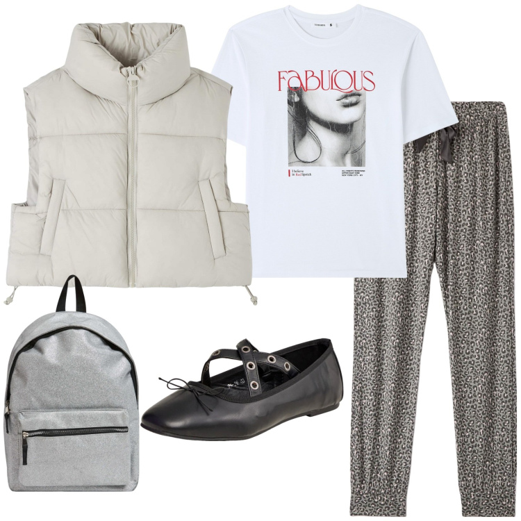 Outfit donna - Teen life. Stile Casual per Tutti i giorni. Abbinamento con t-shirt, pantaloni, ballerine, piumini, zaini.