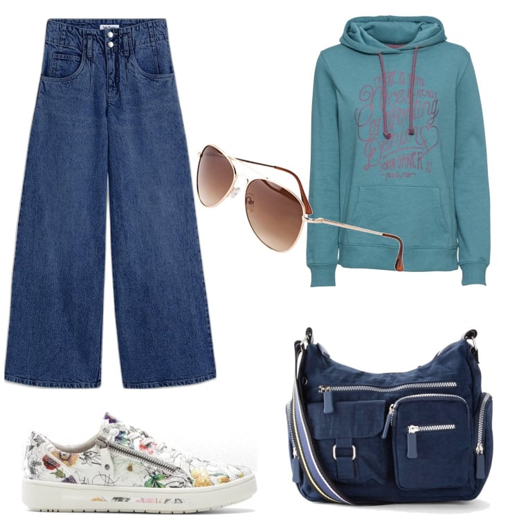 Outfit donna - Bonprix denim style. Stile Basic per Tutti i giorni. Abbinamento con jeans, borse a tracolla, occhiali da sole, felpe con cappuccio, sneakers.
