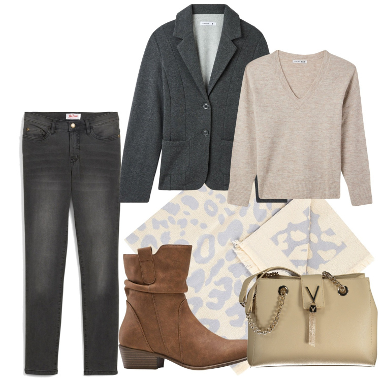 Outfit donna - Foulard. Stile Casual per Ufficio. Abbinamento con jeans slim fit, stivaletti texani, maglieria, blazer, sciarpe, borse a spalla.