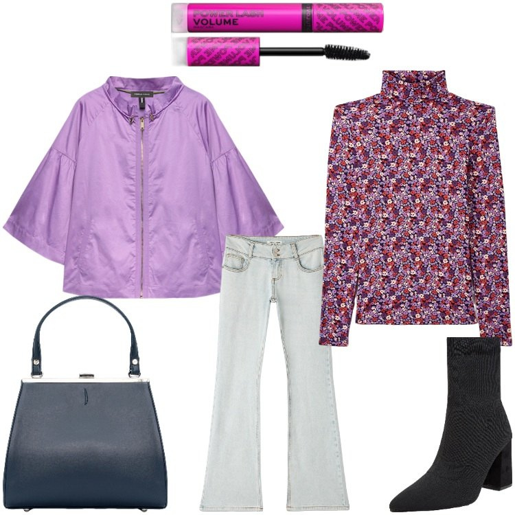 Outfit donna - Viola e jeans. Stile Casual chic per Tutti i giorni. Abbinamento con mascara, jeans a zampa, t-shirt, stivaletti, clutch, blazer.