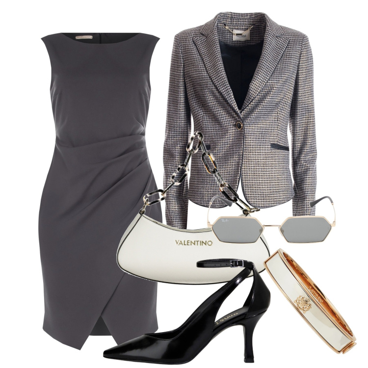 Outfit donna - Sobrietà ed eleganza. Stile Chic per Ufficio. Abbinamento con vestiti a tubino, blazer, décolleté, braccialetti, borse a spalla, occhiali da sole.