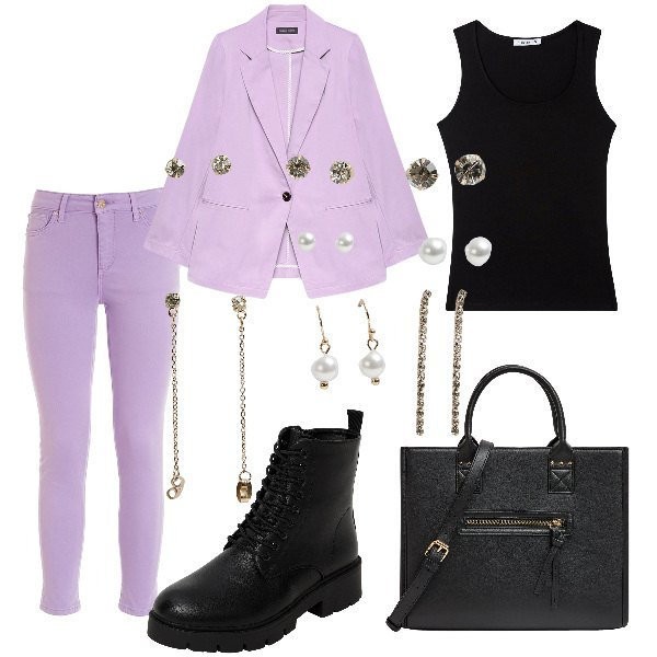 Outfit donna - orecchini a scelta. Stile Casual chic per Ufficio. Abbinamento con shopping bag, anfibi, canottiere, orecchini, jeans, blazer.