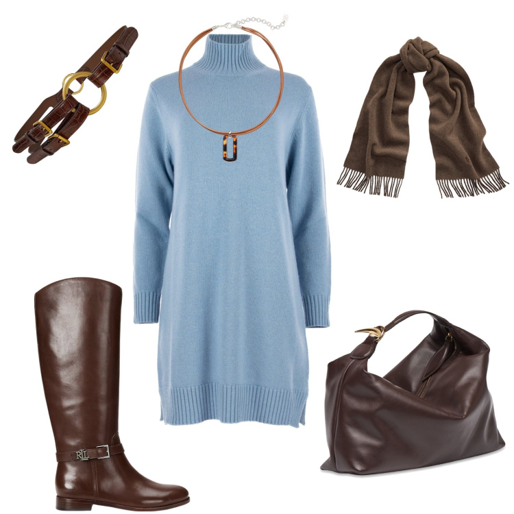 Outfit donna - L’abito celeste con il cioccolato H24. Stile Casual chic per Tutti i giorni. Abbinamento con sciarpe, ciondoli, stivali, cinture, vestiti, clutch.