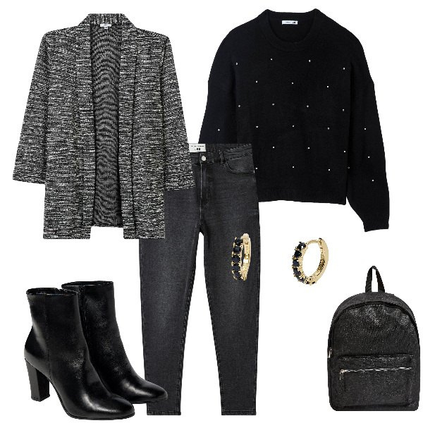 Outfit donna - Total look #1961441. Stile Casual chic per Tutti i giorni. Abbinamento con blazer, zaini, maglieria, jeans skinny, orecchini, stivaletti.