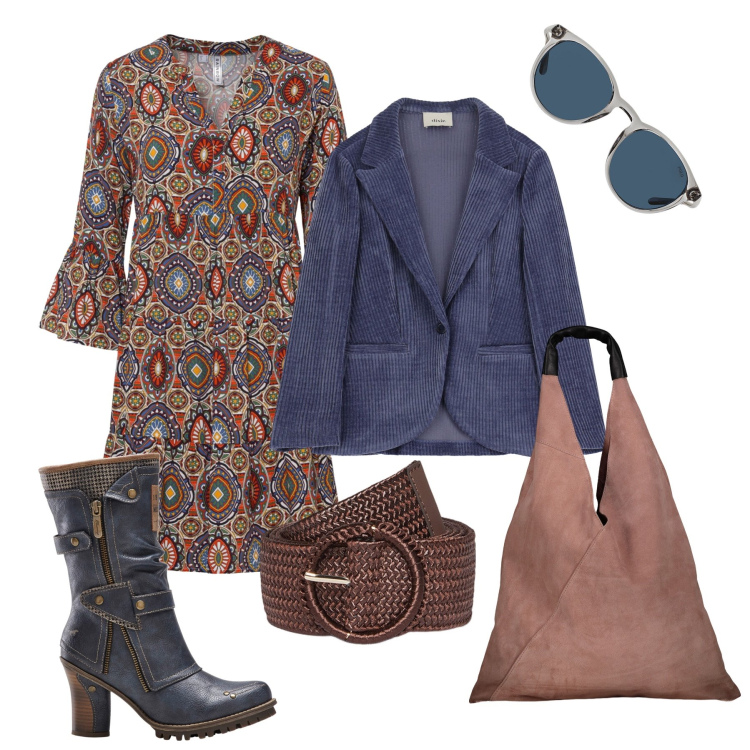 Outfit donna - Boho city. Stile Boho per Tutti i giorni. Abbinamento con vestiti corti, stivali, blazer, occhiali da sole, borse a spalla, cinture.