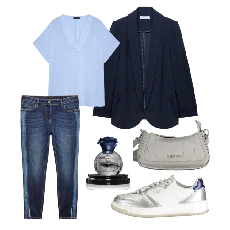 Outfit donna - Donna Curvy!. Stile Casual per Ufficio. Abbinamento con profumi, blazer, sneakers, bluse, jeans slim fit, borse a spalla.