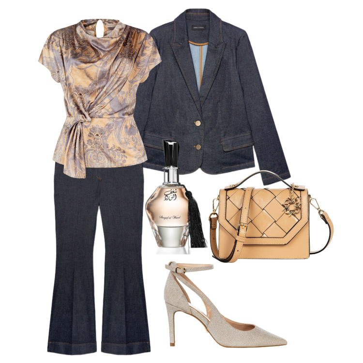 Outfit donna - Il Denim Elegante!. Stile Chic per Serata fuori. Abbinamento con profumi, bluse, borse a mano, décolleté, jeans a zampa, blazer.