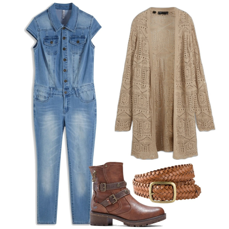 Outfit donna - Jumpsuit in denim. Stile Boho per Tutti i giorni. Abbinamento con cardigans, cinture, tute, stivaletti.
