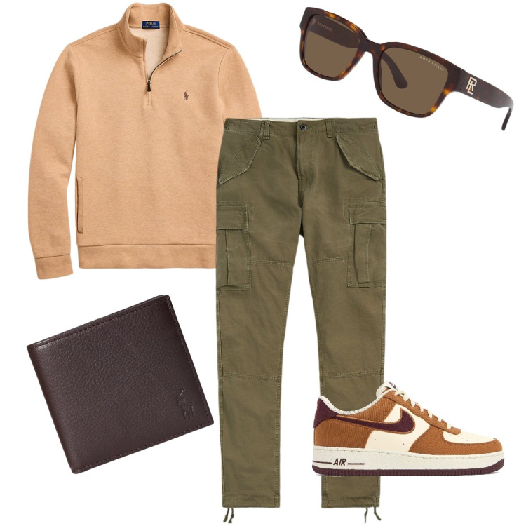 Outfit uomo - La felpa con zip. Stile Urban per Ufficio. Abbinamento con occhiali da sole, portafogli, pantaloni cargo, pullovers, sneakers.