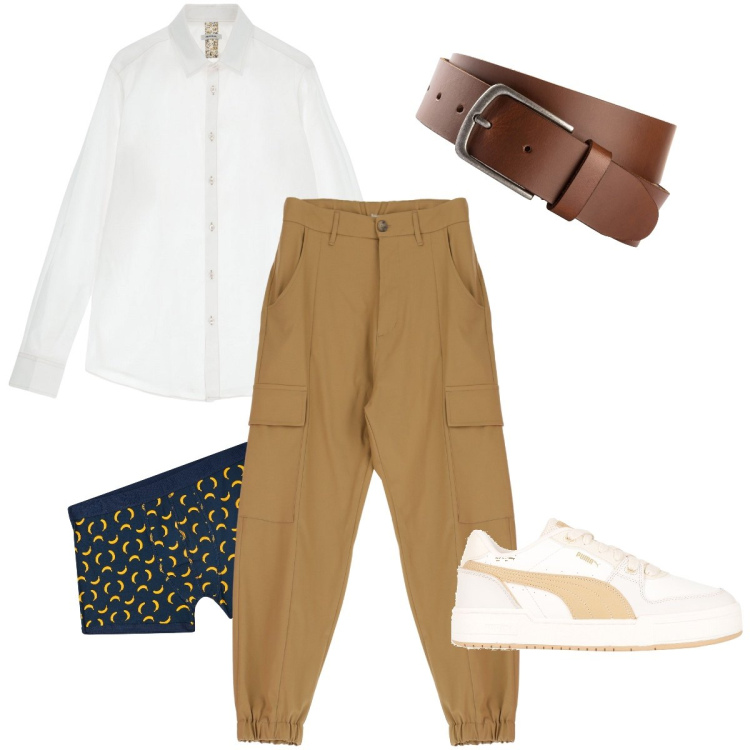 Outfit uomo - I cargo con la camicia. Stile Trendy per Ufficio. Abbinamento con cinture, sneakers, boxer, pantaloni cargo, camicie.
