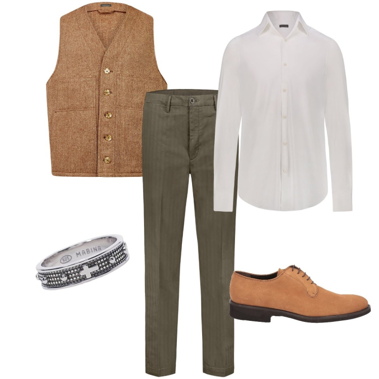 Outfit uomo - Elegante con il gilet. Stile Business/Elegante per Ufficio. Abbinamento con scarpe stringate, anelli, gilet, camicie, pantaloni.