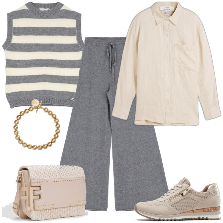 Outfit donna - Minimal curvy. Stile Minimal per Tutti i giorni. Abbinamento con sneakers, camicie, borse a tracolla, maglieria, pantaloni, braccialetti.