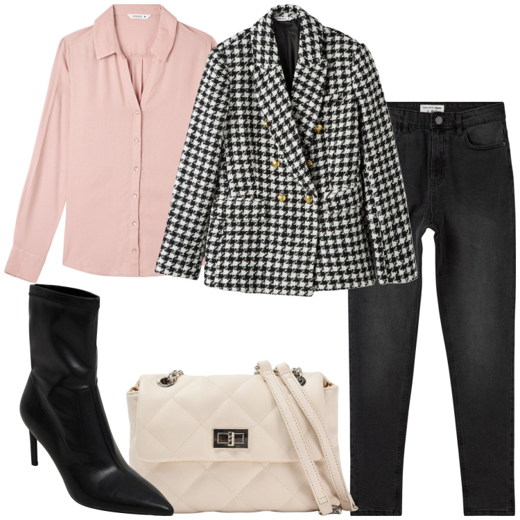 Outfit donna - Total look #1961500. Stile Chic per Ufficio. Abbinamento con camicie, jeans skinny, borse a spalla, blazer, stivaletti.