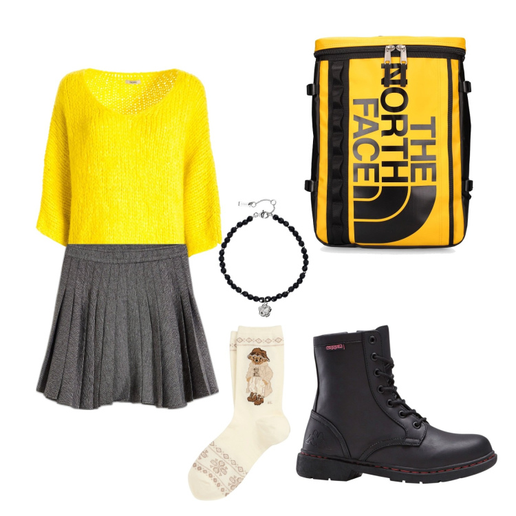 Outfit donna - Total look #1961506. Stile Casual chic per Scuola/Università. Abbinamento con minigonne, stivaletti, braccialetti, maglieria, calzini, zaini.