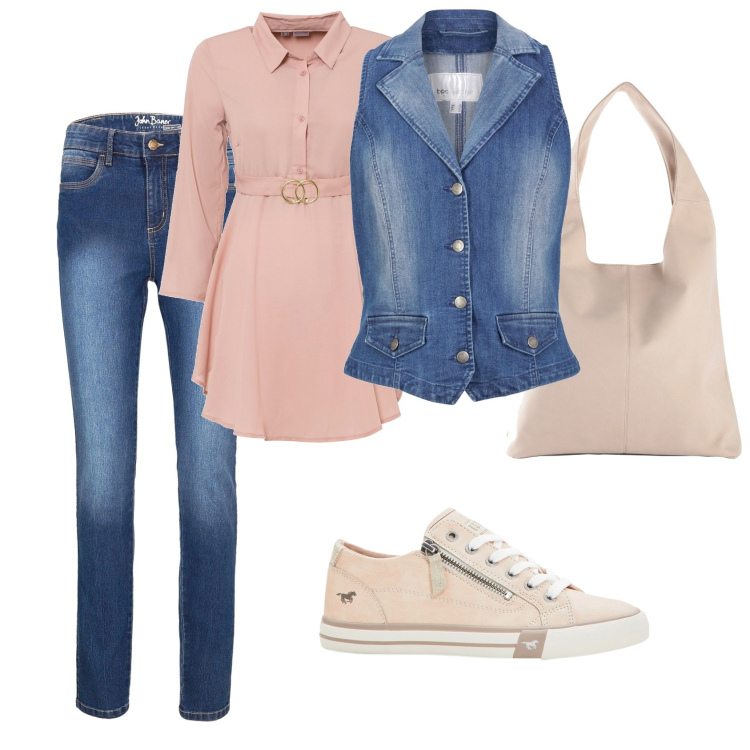 Outfit donna - Denim e salmone. Stile Casual chic per Tutti i giorni. Abbinamento con jeans skinny, camicie, gilet, sneakers, shopping bag.