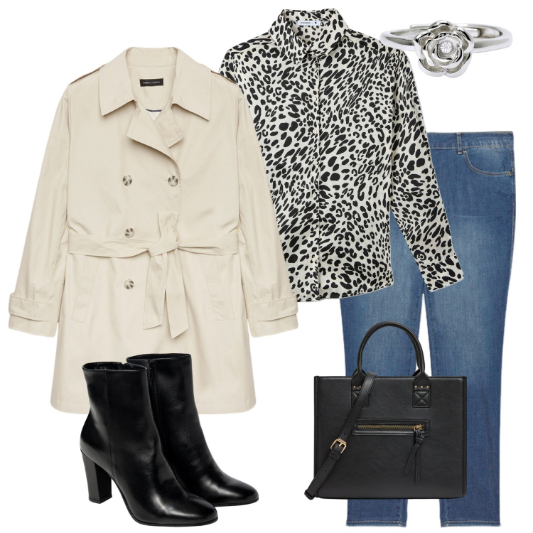 Outfit donna - Casual chic. Stile Casual chic per Ufficio. Abbinamento con shopping bag, camicie, anelli, trench, stivaletti, jeans skinny.