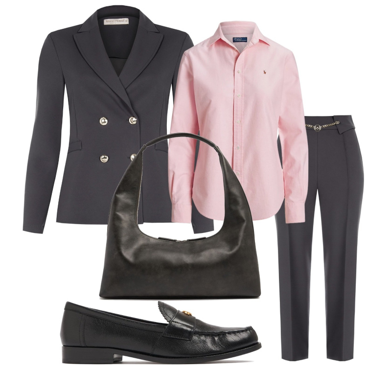 Outfit donna - Blazer doppiopetto e pantaloni. Stile Chic per Ufficio. Abbinamento con pantaloni, blazer, camicie, mocassini, borse a spalla.