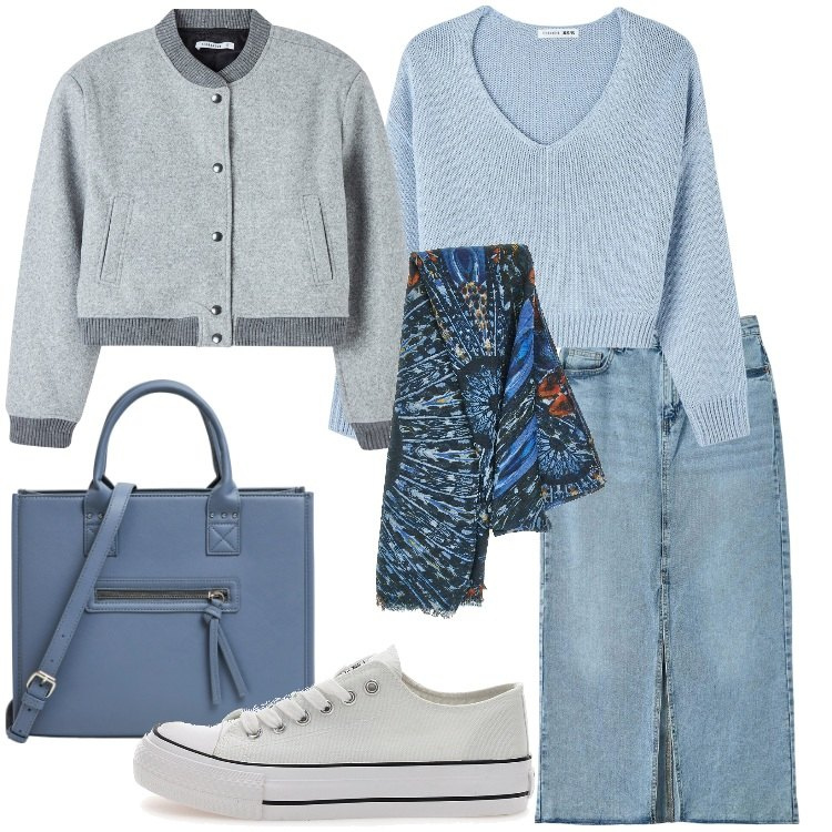 Outfit donna - Le sneakers bianche platform. Stile Casual per Tutti i giorni. Abbinamento con bomber, gonne lunghe, maglieria, shopping bag, sneakers, sciarpe.