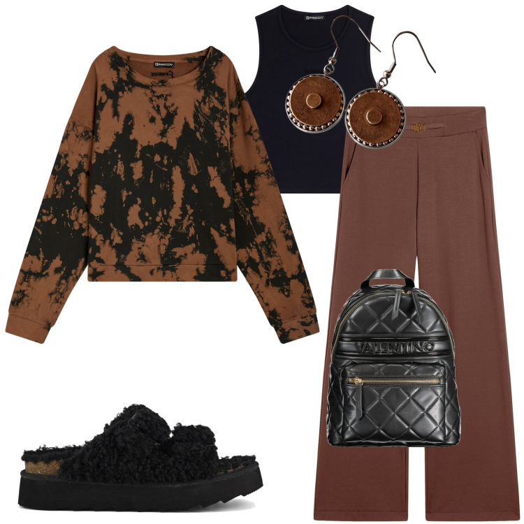 Outfit donna - Casual chic. Stile Casual chic per Tutti i giorni. Abbinamento con top, felpe, pantaloni, sandali, zaini, orecchini.