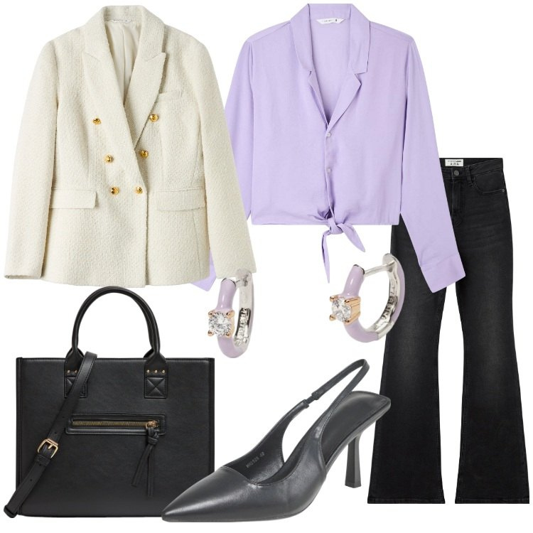 Outfit donna - Blazer e jeans Focus Donna Curvy. Stile Bon Ton per Ufficio. Abbinamento con camicie, blazer, jeans a zampa, shopping bag, décolleté, orecchini.