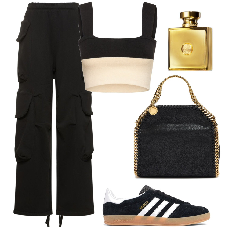 Outfit donna - Total look #1961568. Stile Urban per Tutti i giorni. Abbinamento con profumi, pantaloni cargo, shopping bag, sneakers, top.