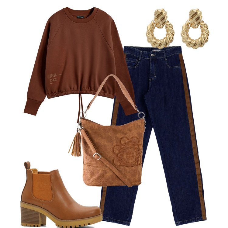 Outfit donna - City. Stile Urban per Tutti i giorni. Abbinamento con borse a mano, stivaletti chelsea, jeans dritti, felpe, orecchini.