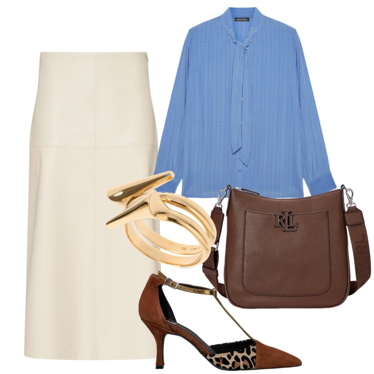 Outfit donna - Elegante plus size. Stile Bon Ton per Ufficio. Abbinamento con décolleté, borse a tracolla, camicie, gonne longuette, anelli.