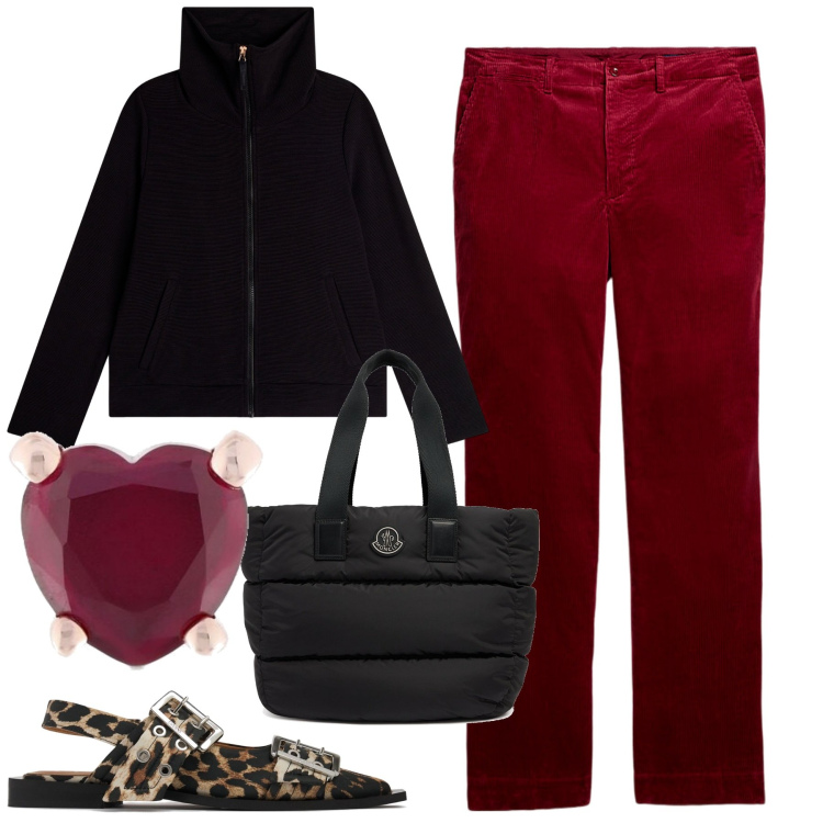 Outfit donna - Grande cuore. Stile Casual chic per Ufficio. Abbinamento con felpe, pantaloni, orecchini, ballerine, borse tote.