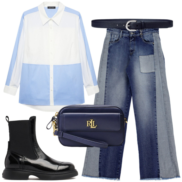 Outfit donna - Puzzle. Stile Casual chic per Tutti i giorni. Abbinamento con jeans, pochette, cinture, stivaletti chelsea, camicie.