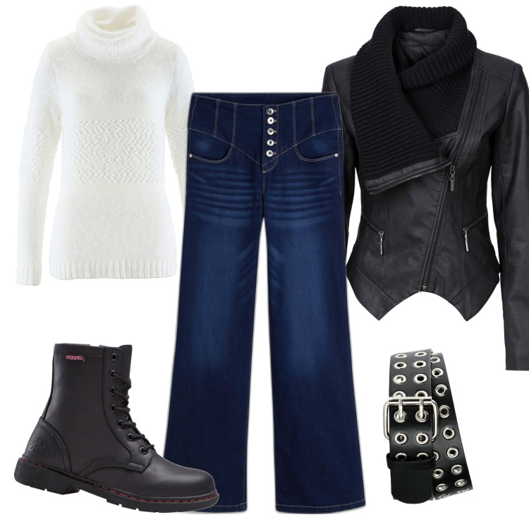 Outfit donna - Denim. Stile Casual Abbinamento con blazer, vestiti, cinture, jeans a zampa, stivaletti.