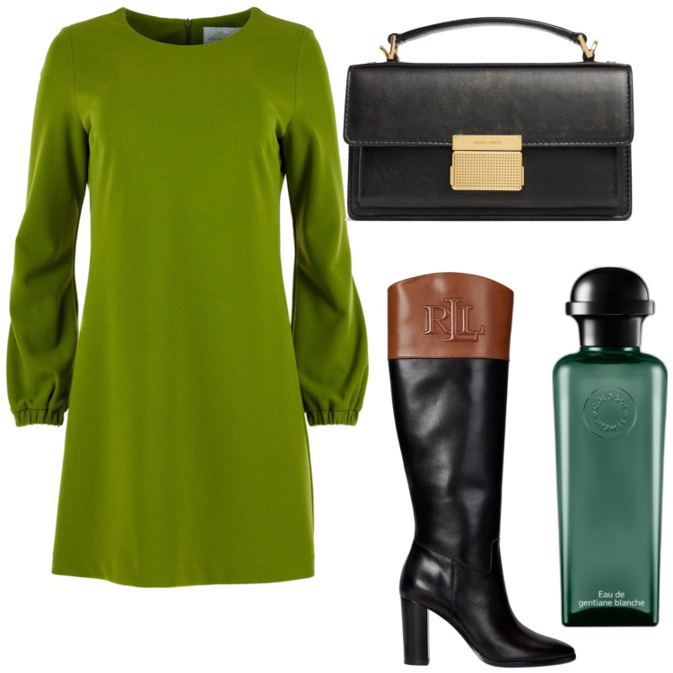 Outfit donna - Vestito verde xl. Stile Bon Ton per Ufficio. Abbinamento con profumi, stivali, vestiti midi/longuette, borse a mano.