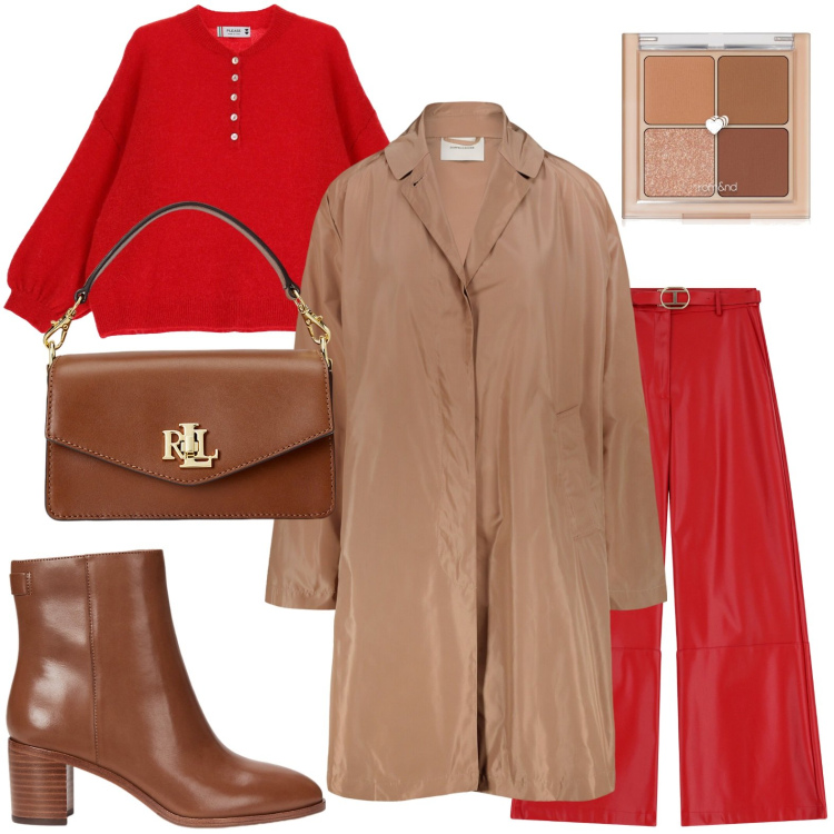 Outfit donna - Il trench nocciola. Stile Casual chic per Ufficio. Abbinamento con ombretti, maglieria, pantaloni, stivaletti, borse a tracolla, trench.