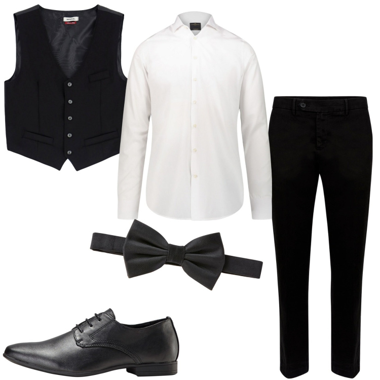 Outfit uomo - Papillon per lo sposo. Stile Business/Elegante per Cerimonia. Abbinamento con scarpe stringate, gilet, pantaloni chino, camicie, papillon.