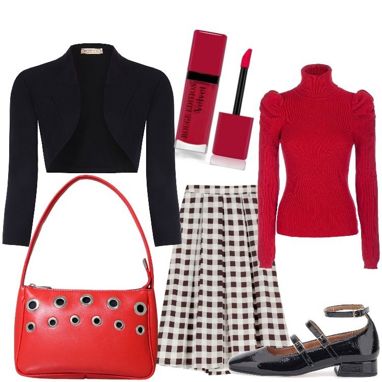 Outfit donna - La gonna a quadretti. Stile Bon Ton per Ufficio. Abbinamento con rossetti, bolero, maglieria, gonne lunghe, borse a mano, ballerine.