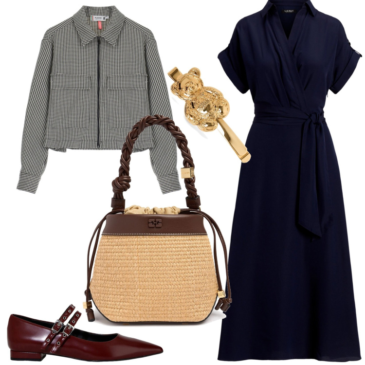 Outfit donna - Semplice eleganza. Stile Casual chic per Tutti i giorni. Abbinamento con blazer, ballerine, vestiti lunghi, borse a secchiello, accessori per capelli.