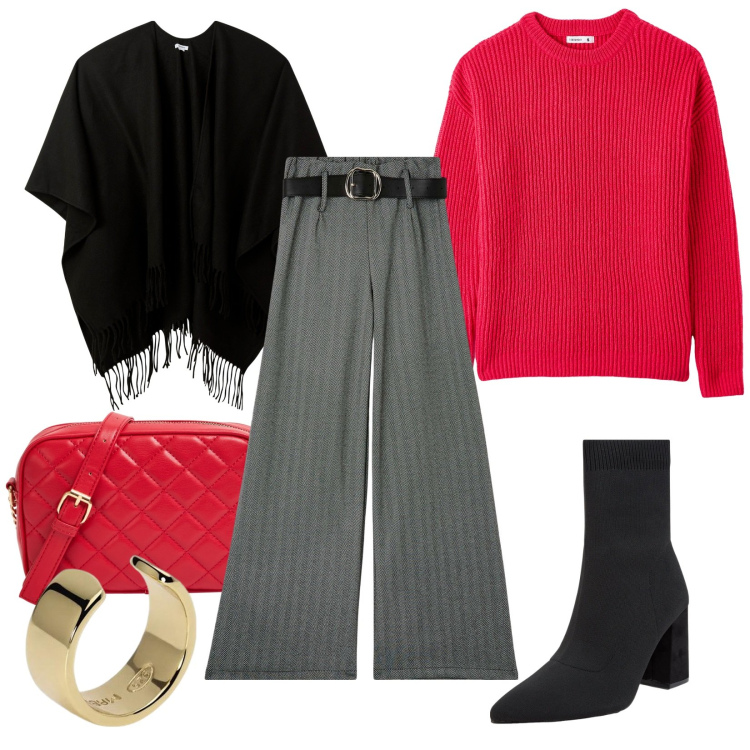 Outfit donna - Calde coccole. Stile Casual chic per Tutti i giorni. Abbinamento con cappe, borse a tracolla, pantaloni, stivaletti, maglieria, orecchini.