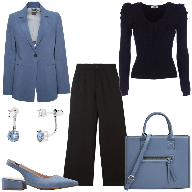 Outfit donna - Ultimi giorni con la slingback. Stile Minimal per Tutti i giorni. Abbinamento con décolleté, pantaloni, shopping bag, orecchini, maglieria, blazer.