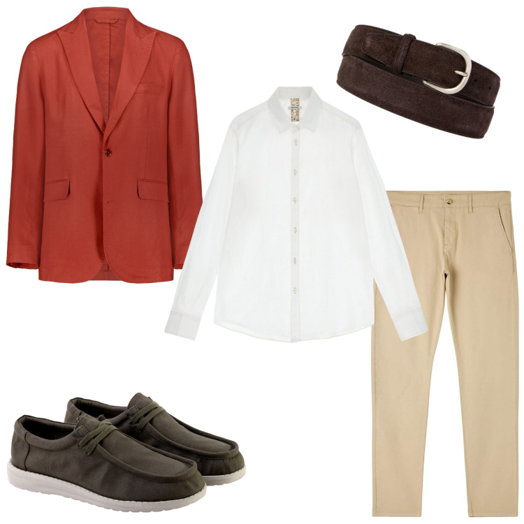 Outfit uomo - Serata romantica. Stile Business/Elegante per Serata speciale. Abbinamento con pantaloni chino, camicie, cinture, scarpe stringate, giacche.