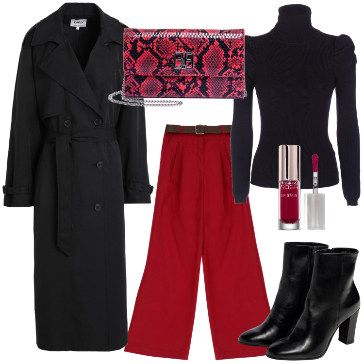 Outfit donna - Trendy in poche mosse. Stile Trendy per Tutti i giorni. Abbinamento con trench, rossetti, maglieria, pochette, pantaloni a palazzo, stivaletti.