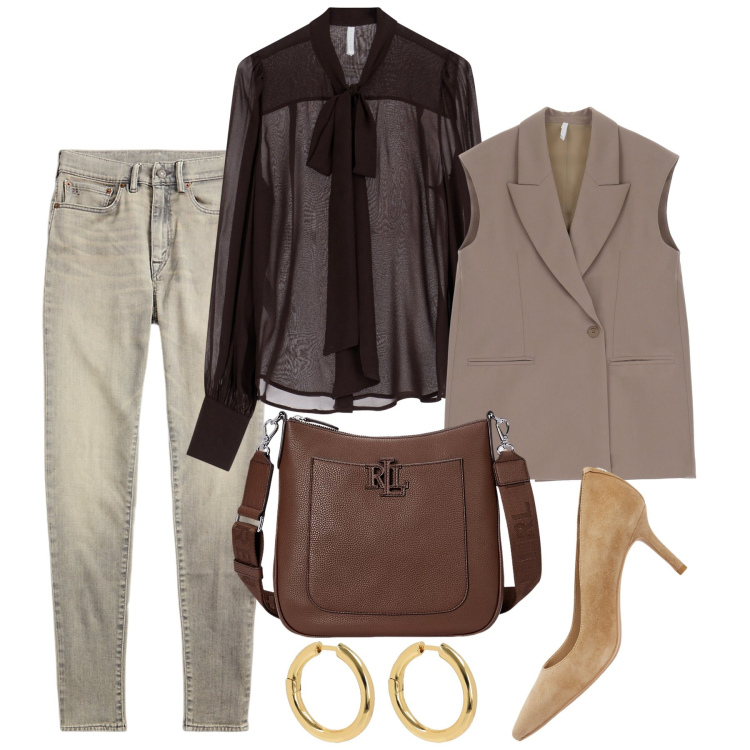 Outfit donna - Denim e camicia chic. Stile Casual chic per Ufficio. Abbinamento con camicie, gilet, borse a tracolla, jeans skinny, décolleté, orecchini.