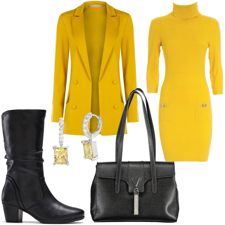 Outfit donna - In caldo giallo. Stile Glamour per Tutti i giorni. Abbinamento con stivali, orecchini, blazer, vestiti, borse a spalla.