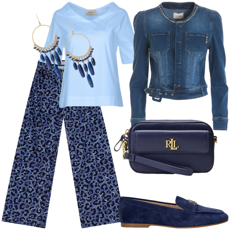 Outfit donna - Total look #1961752. Stile Casual per Tutti i giorni. Abbinamento con blazer, jeans, pochette, mocassini, orecchini, bluse.